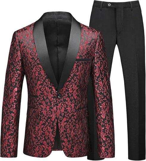 MOGU Mens 2 Piece Paisley Suit Shawl Lapel Tuxedo Slim Fit Vintage Dinner Jacket Pants for Wedding Paisley Suit